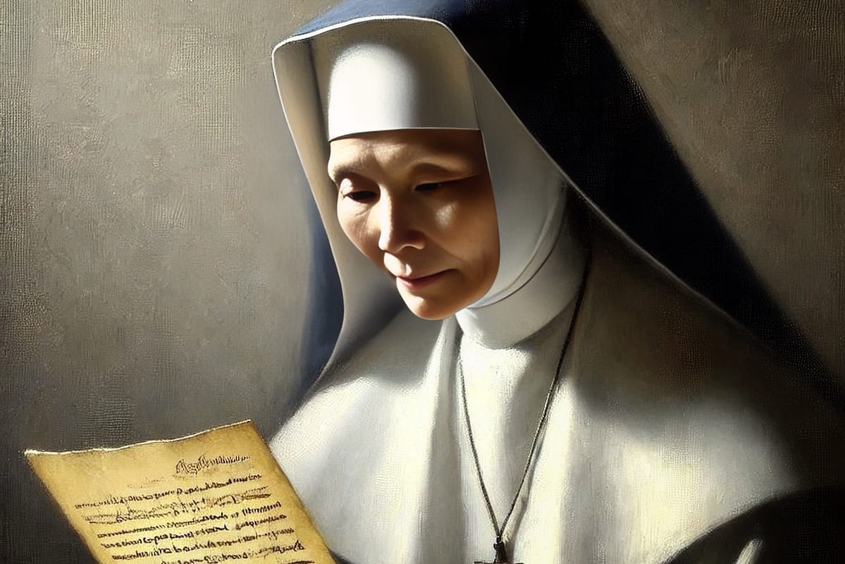 Abbess reading a hand written letter.