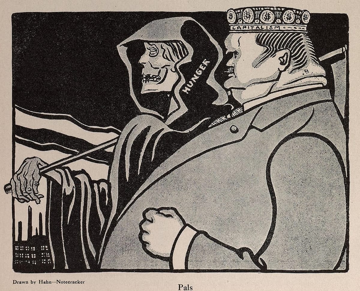 Illustrationen ”Hunger och kapitalism – Polare” av signaturen Hahn Notecracker, tidskriften The Masses, nr 2, 1911