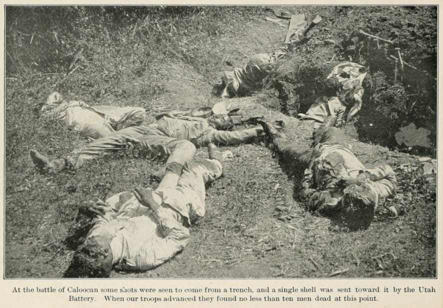 At the battle of Caloocan some shots were seen to come from a trench, and a single shell was sent toward it by the Utah Battery. When our troops advanced they found no less than ten men dead at this point.